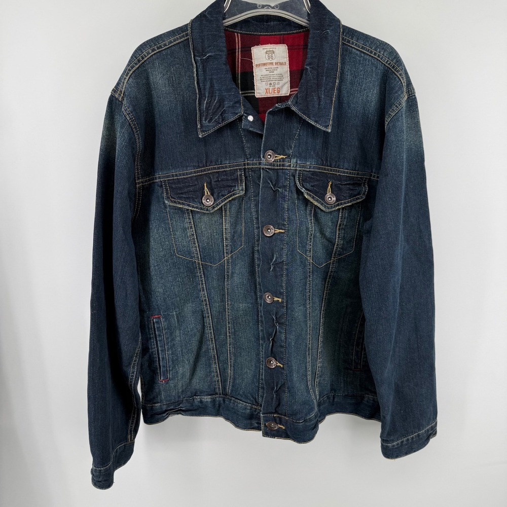 Vtg Y2K Route 66 Mens XL Denim Trucker Jacket Dark Wash Plaid Flannel Lined Blue